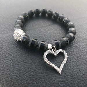 Black Stone Beaded Bracelet With Heart Sparkly Charm